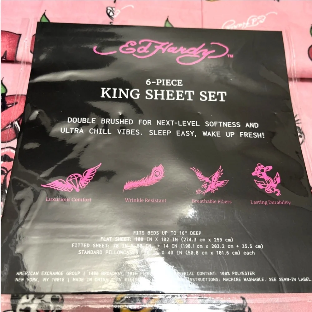 Ed Hardy King 6-Piece Sheet Set Americana Tattoo Heart Rose Swallow Print NWT